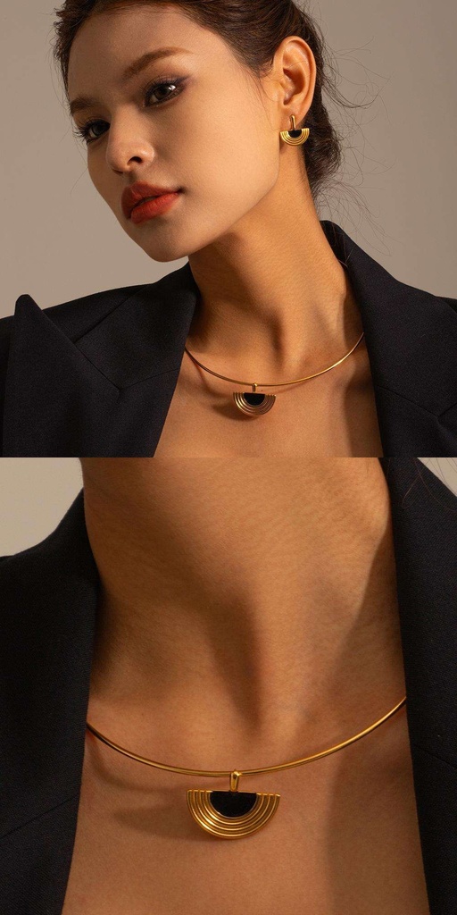 Gold & Black Titanium Steel Geometric Fan Necklace