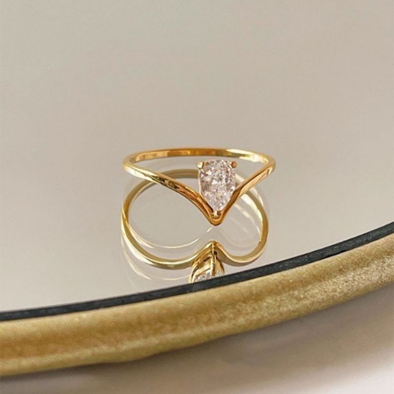 Gold Titanium Steel Drop Zirconium V Shape Ring #8