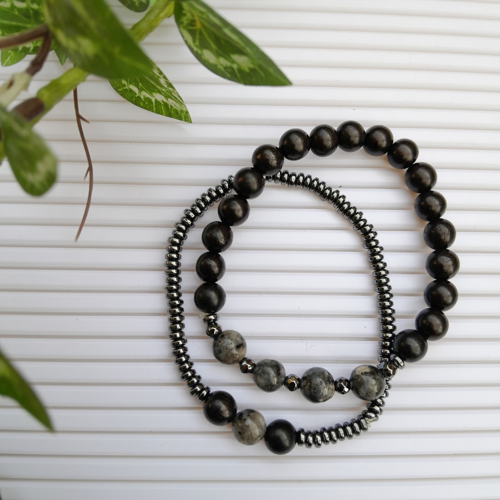 Stretch Bracelet Set with Natural Stone and wood beads