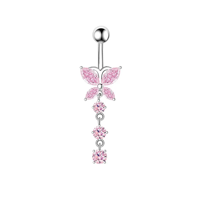 Pink Butterfly Stainless Steel Geometric Piercing Navel Ring With Cubic Zirconia stones
