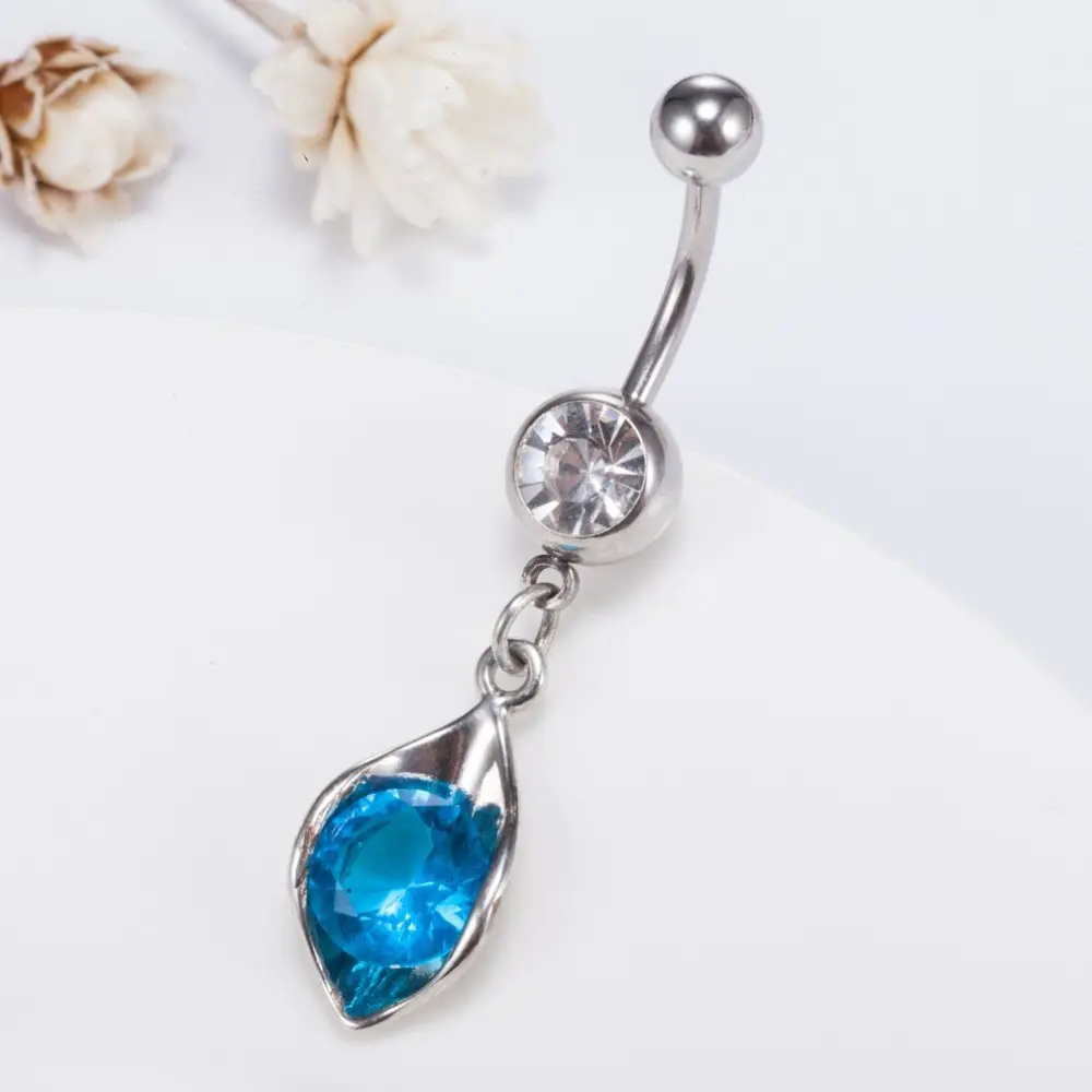 Brass Cubic Zirconia Navel Ring, Navel Ring Belly Rings, with 304 Stainless Steel Bar, Lead Free & Cadmium Free, Leaf, Platinum, Deep Sky Blue