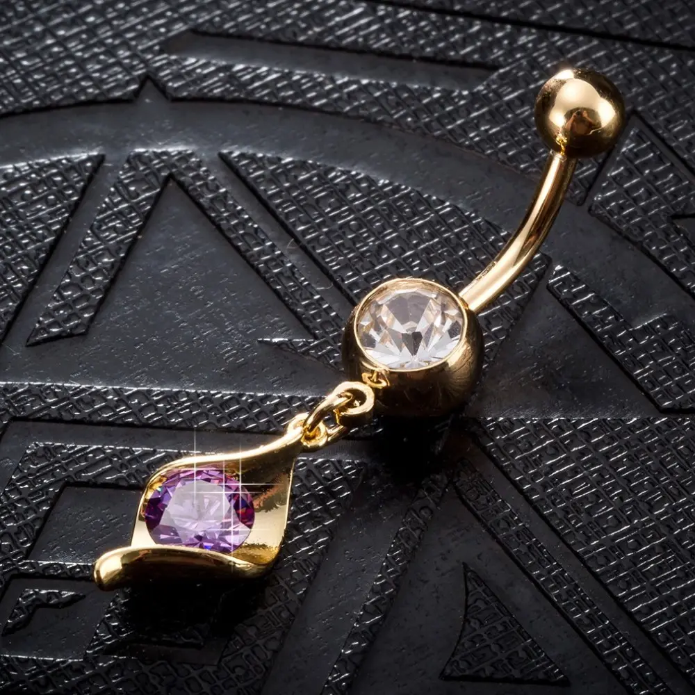 Brass Cubic Zirconia Navel Ring, Belly Rings, with 304 Stainless Steel Bar, Cadmium Free & Lead Free, Real 18K Gold Plated, Lilac