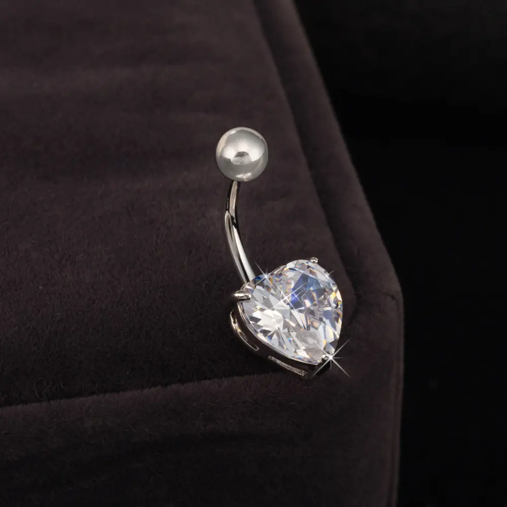 Platinum Plated Body Jewelry Heart Cubic Zirconia Brass Navel Ring Navel Ring Belly Rings, with 304 Stainless Steel Bar, Clear