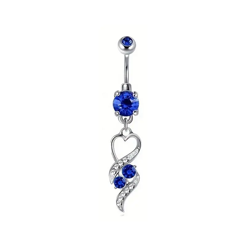 Stainless Steel Belly Ring - Dark Blue Cubic Zirconia