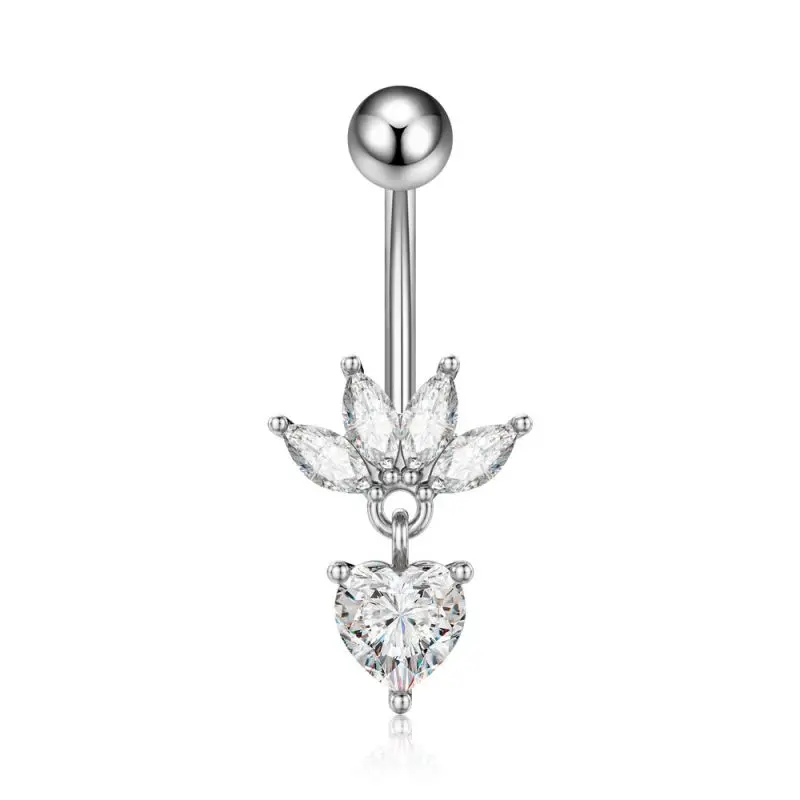 Stainless Steel Belly Ring - clear cubic zirconia flower heart