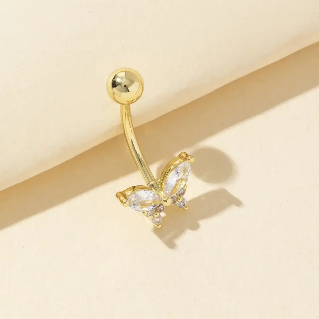 Gold Plated Stainless Steel Belly Ring - clear cubic zirconia butterfly