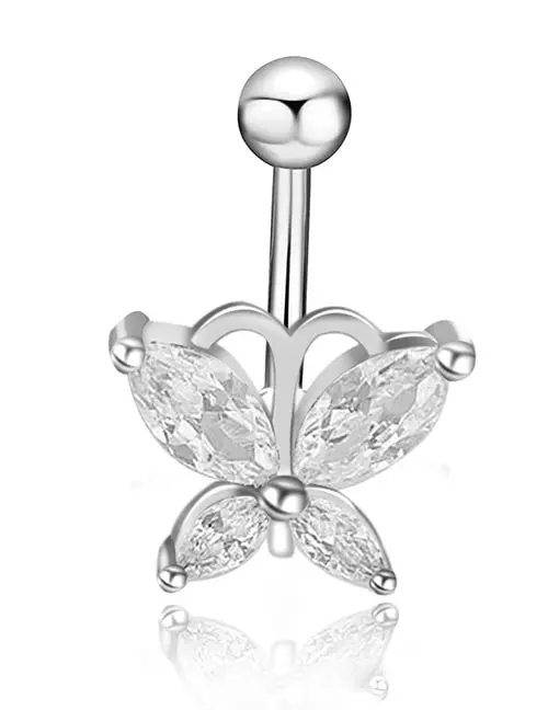 Stainless Steel Belly Ring - clear cubic zirconia butterfly
