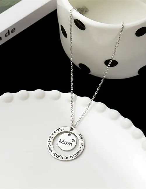 Silver Titanium Steel Alphabet Mom Round Necklace 