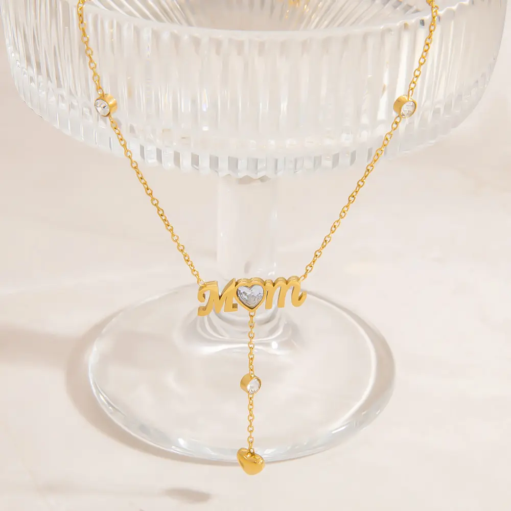Gold Stainless Steel Cubic Zirconia Heart Letter Y-shaped Necklace