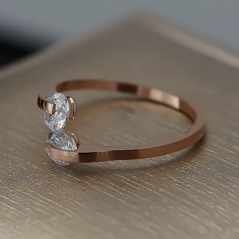 Double cubic zirconia Rose Gold Ring Titanium Steel Open Ring