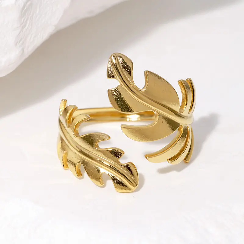 Gold Stainless Steel Leaf Open Ring