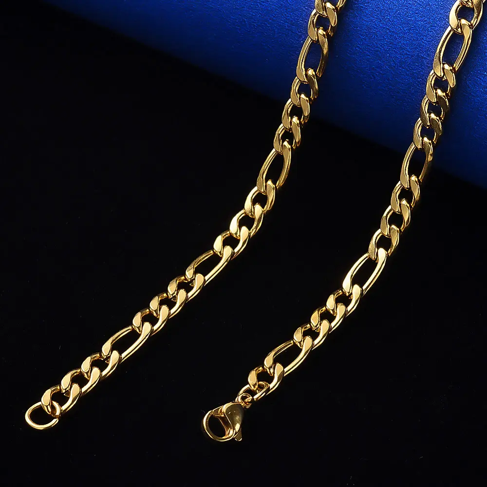 Stainless Steel Figaro Chain Necklace, with Lobster Claw Clasp, Real 18K Gold Plated