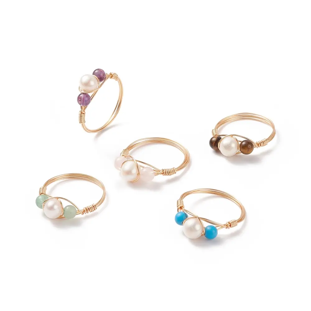 Gemstone & Natural Pearl Braided Finger Ring, Light Gold Plated Copper Wire Wrapped Jewelry 