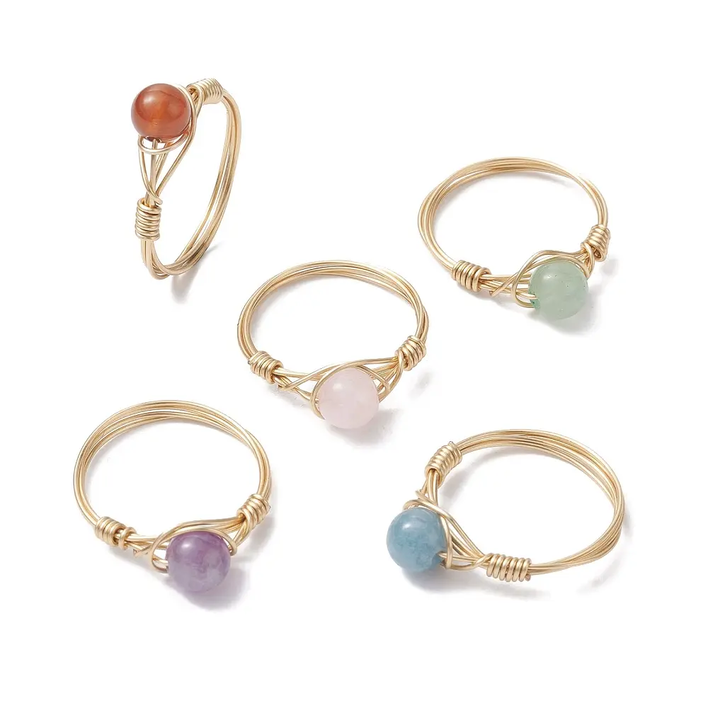 Gemstone Round Braided Bead Style Finger Rings, Golden Brass Finger Ring