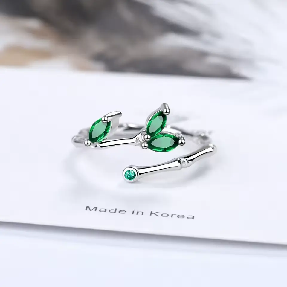 925 Sterling Silver Twig Green Leaf Open Ring