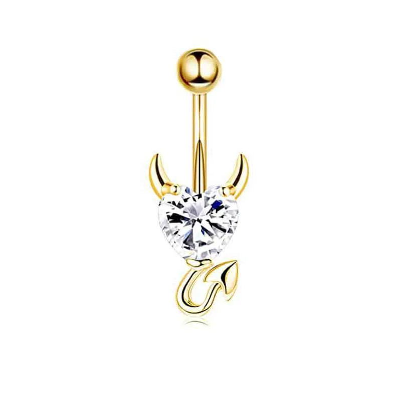 Gold stainless steel devil heart belly ring with cubic zirconia