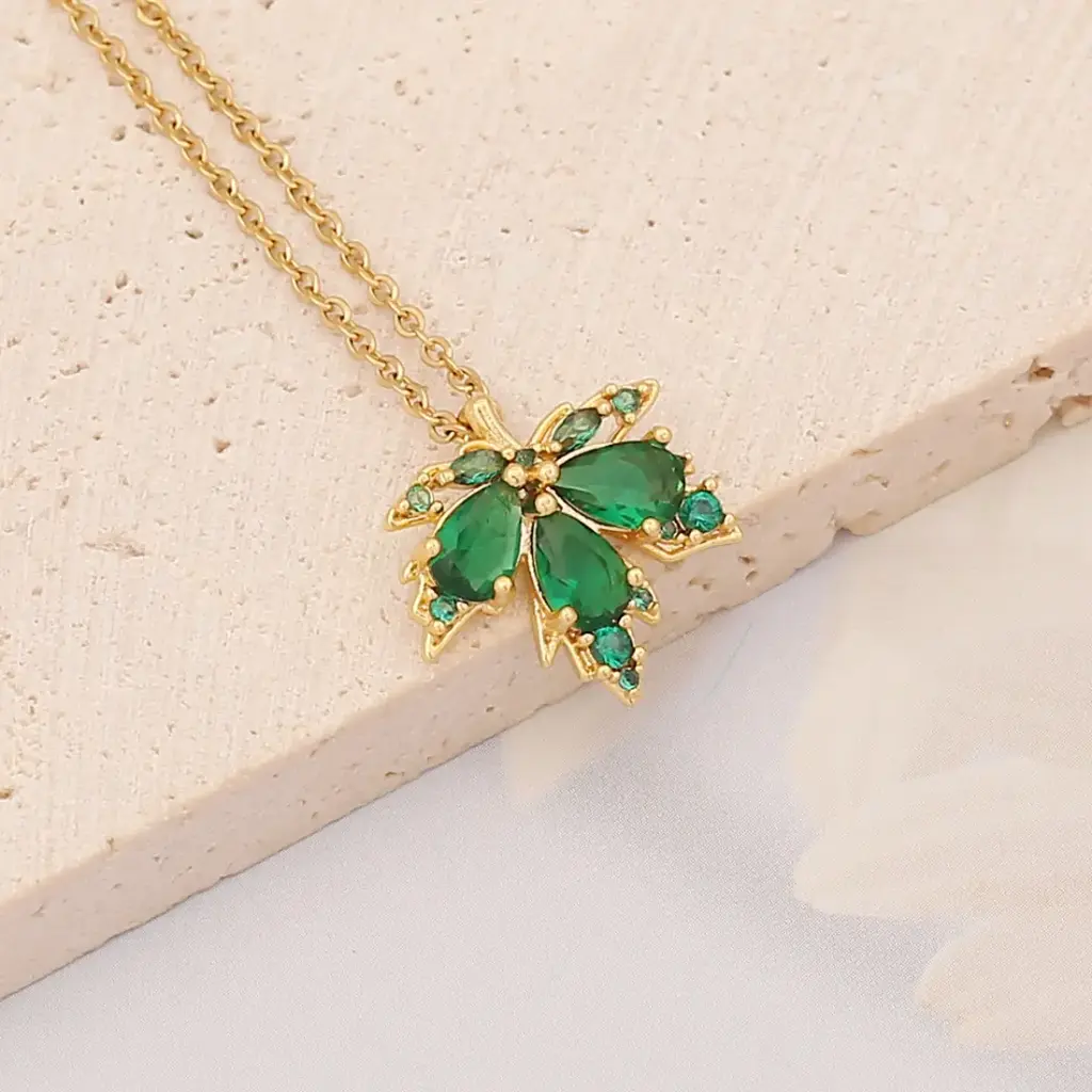 Stainless Steel 18K Gold Plated Leaf Zircon Pendant Necklace