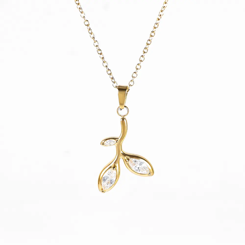 Gold Stainless Steel necklace with Leaf Pendant and cubic zirconia stones