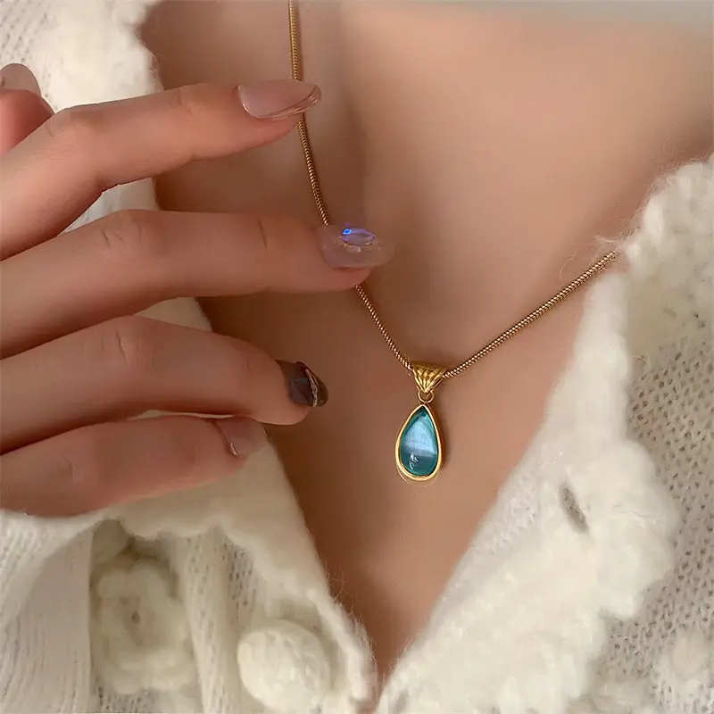  Elegant Water Droplets Titanium Steel Inlay Zircon Pendant Necklace