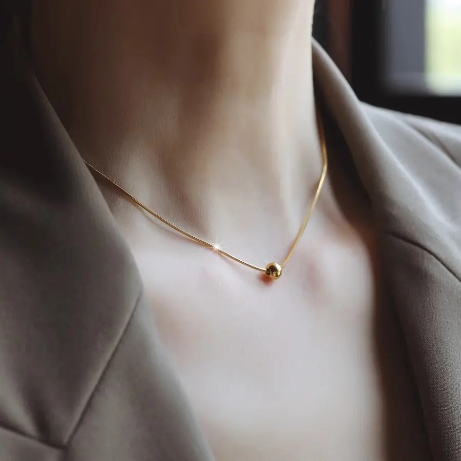 [neck212]  Stainless Steel Necklace Golden Necklace with Ball Pendant