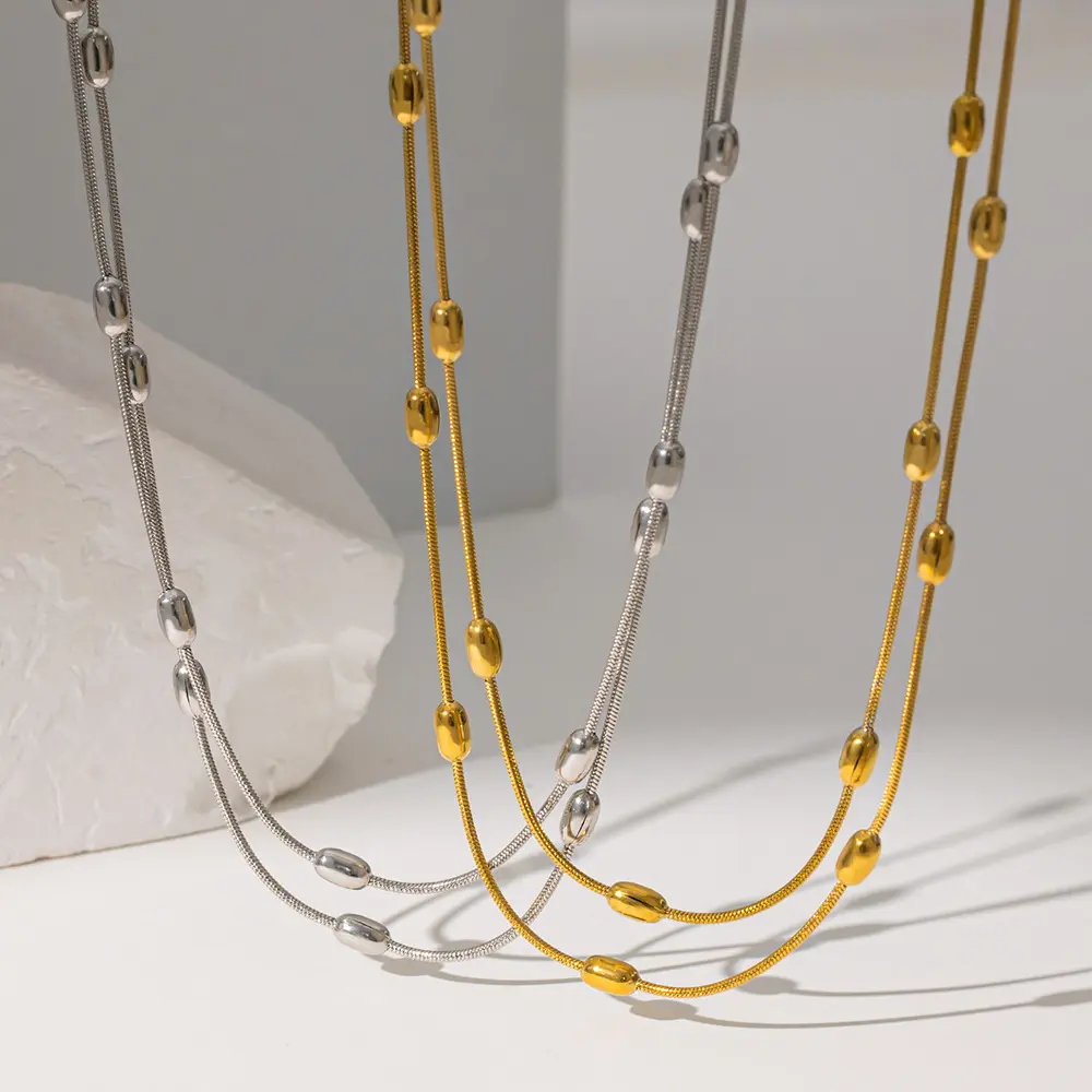 [neck213]  Stainless Steel Necklace Golden Snake chain with beads