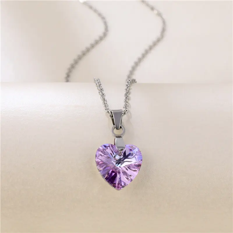  Stainless Steel Necklace with purple heart rhinestone