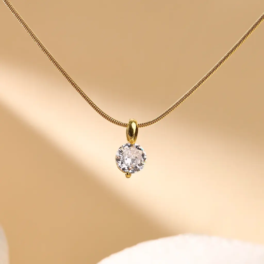 Gold Stainless Steel Necklace with round cubic zirconia stone pendant