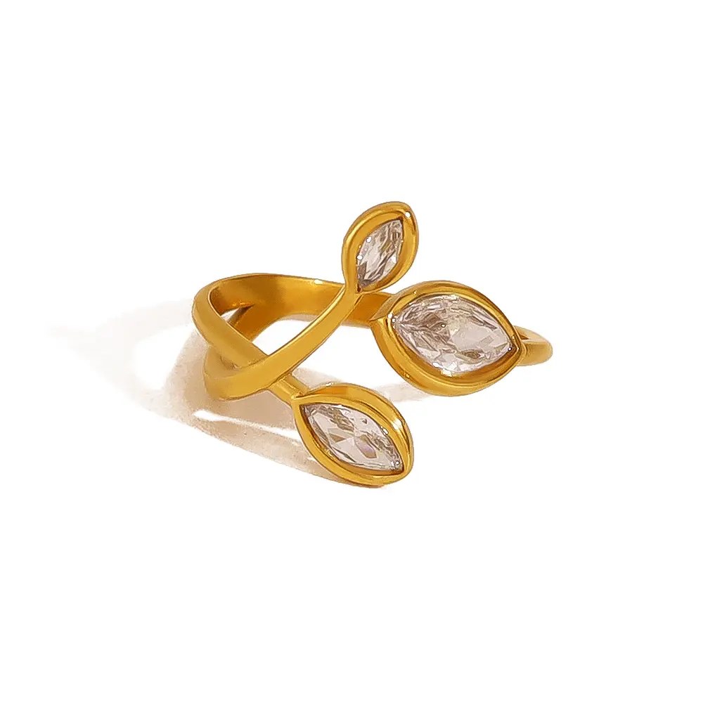 French Style Geometric Leaves 304 Stainless Steel 18K Gold Plated Plating Open Rings