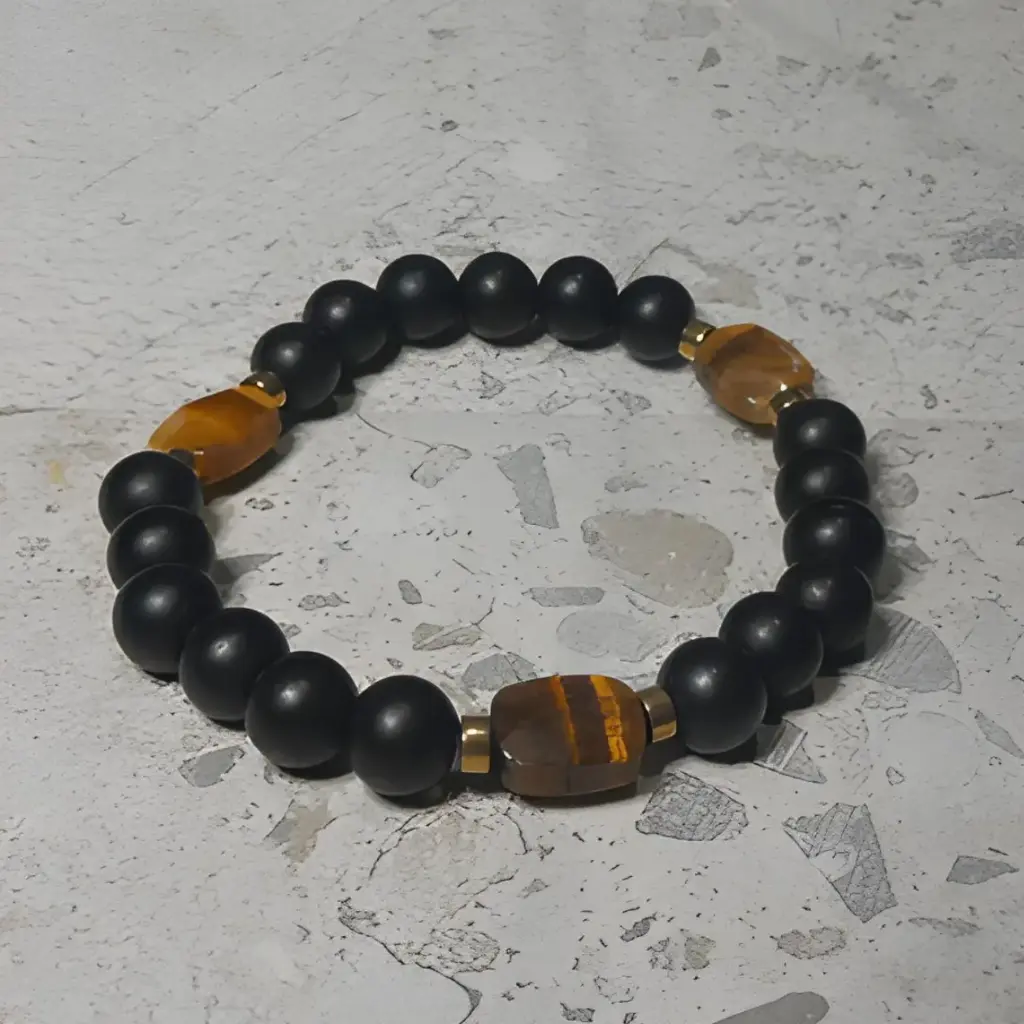 Stretch Bracelet with Natural Black Stone and Tiger Eye Beads