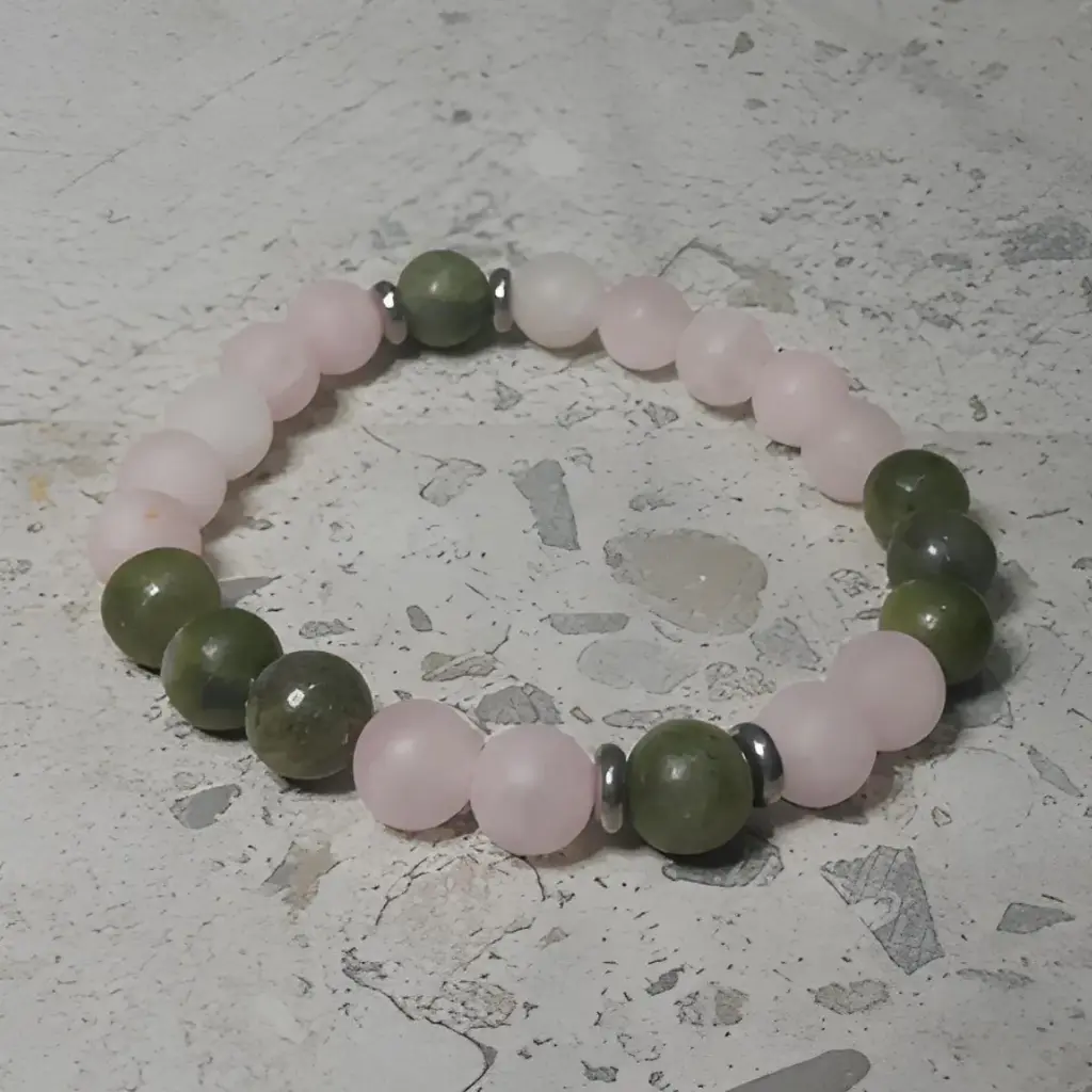 Stretch Bracelet with Natural Taiwanese Jade and Rose Quartz beads