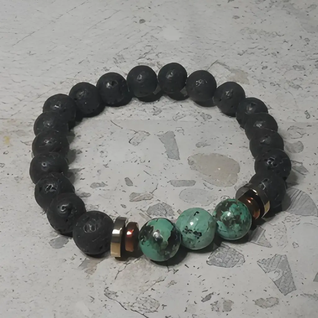 Stretch Bracelet with Natural Black Lava Rock and African Turquise Beads