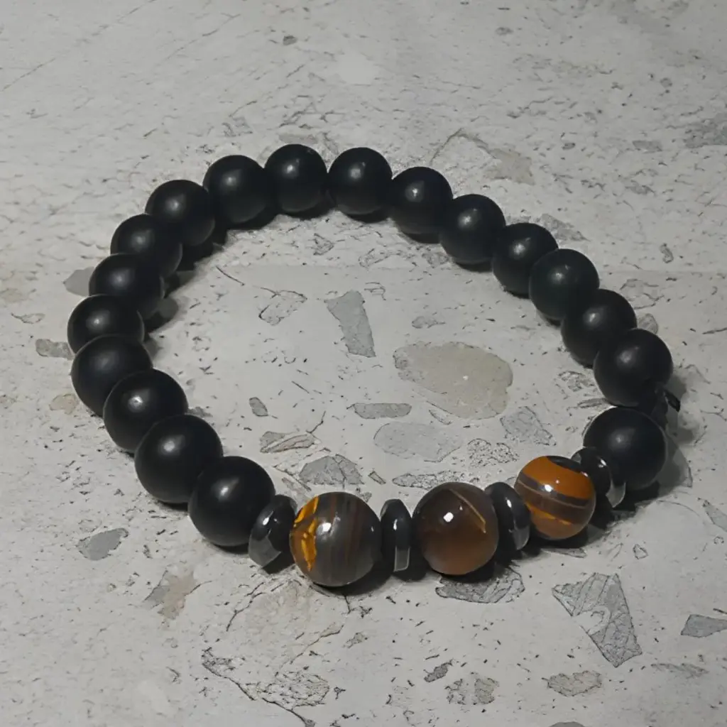 Stretch Bracelet with Natural Black Stone and Tiger Eye Stone Beads