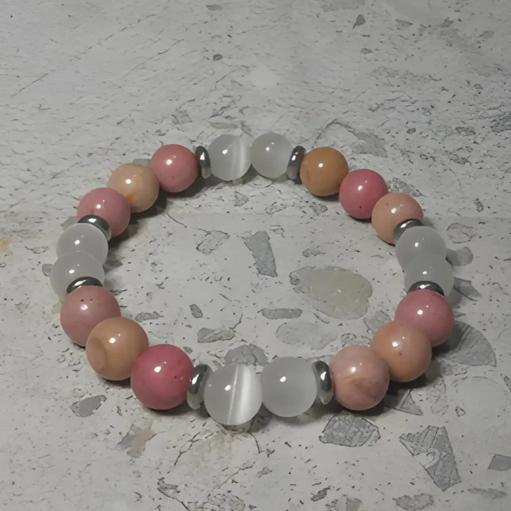 Stretch Bracelet with Natural Rhodonite and Cats Eye Beads
