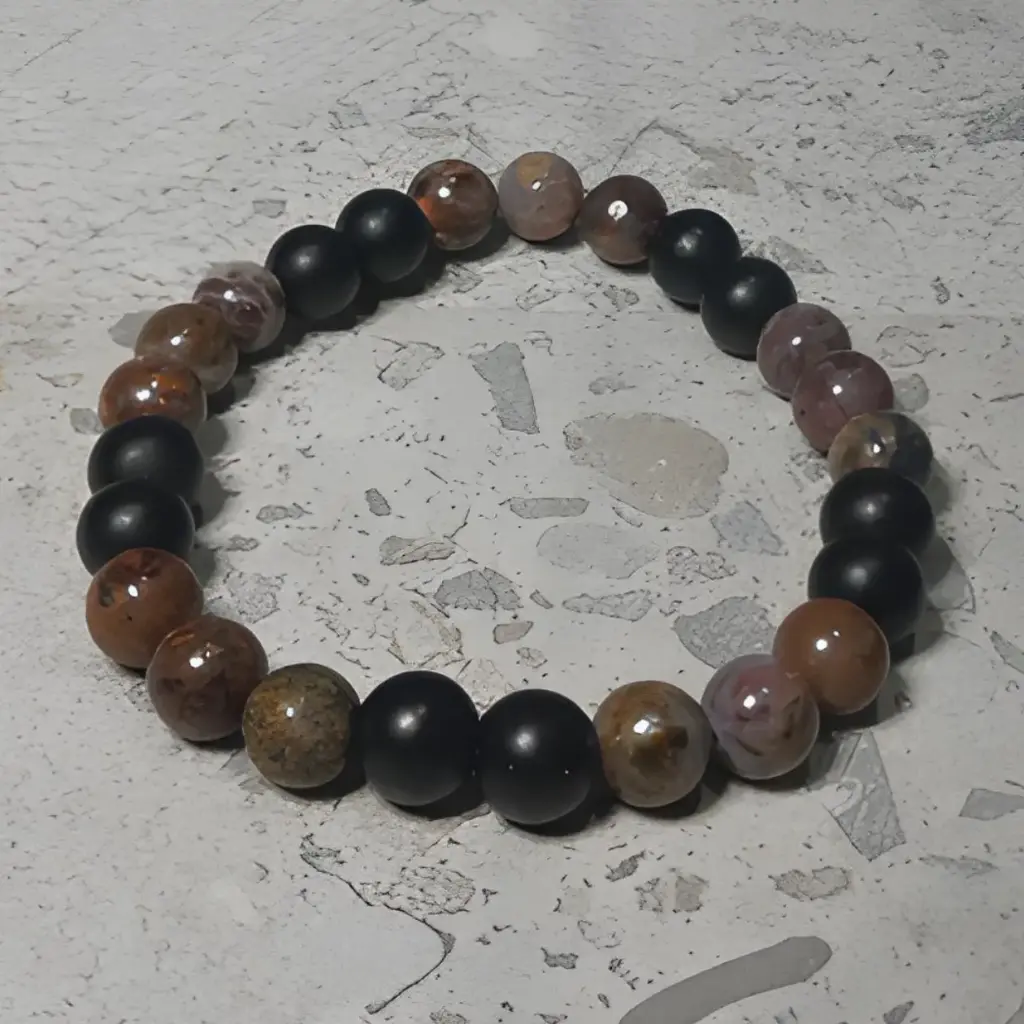Stretch Bracelet with Natural Black Stone and Petersite Beads