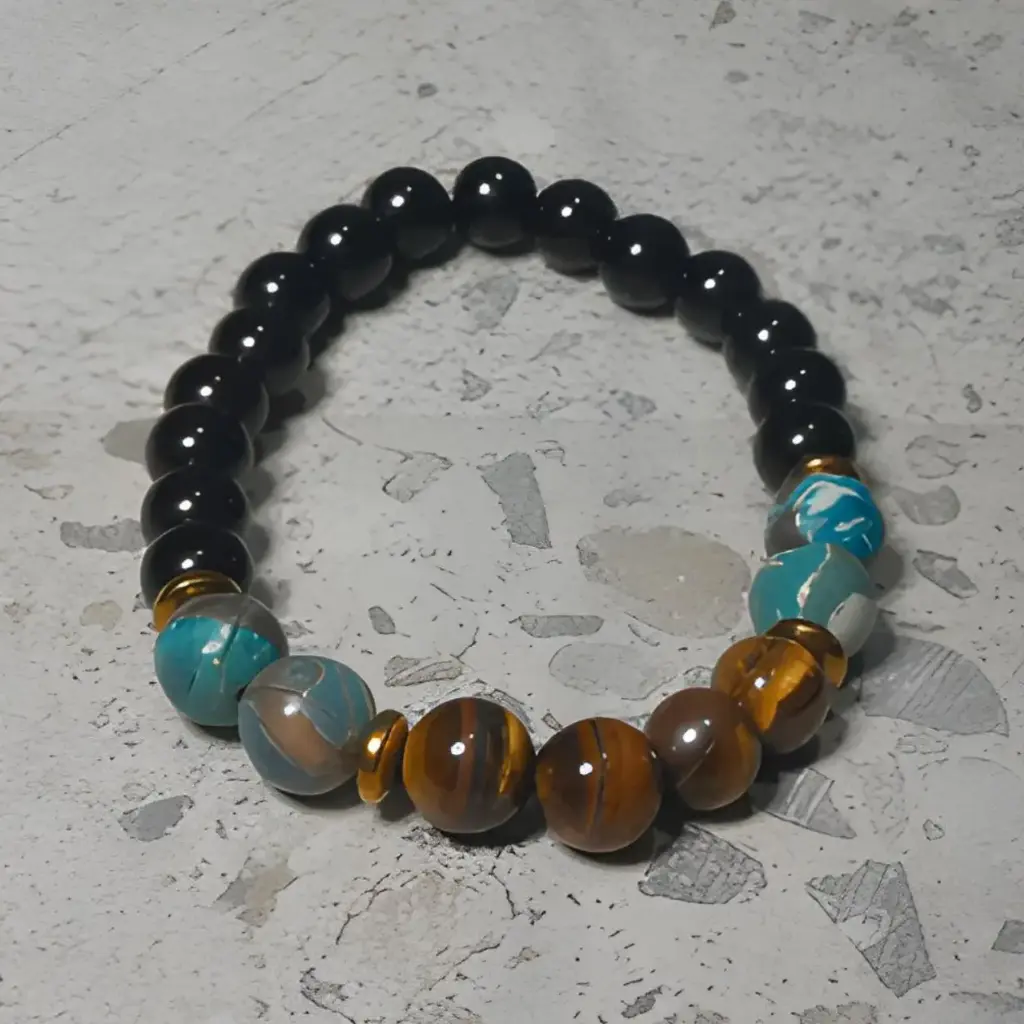 Stretch Bracelet with Natural Black Stone, Tiger Eye and Ocean Agate