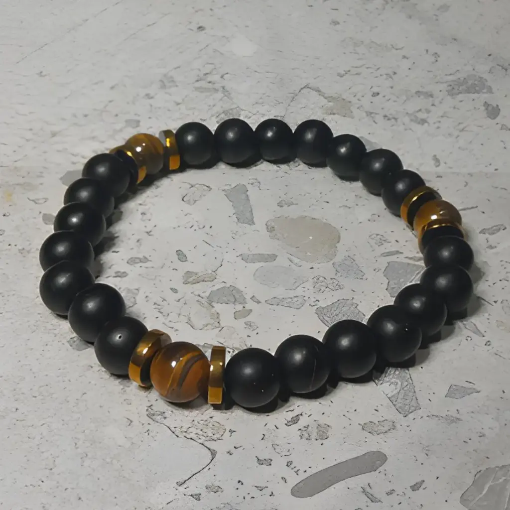 Stretch Bracelet with Natural Black Stone and Tiger Eye Beads