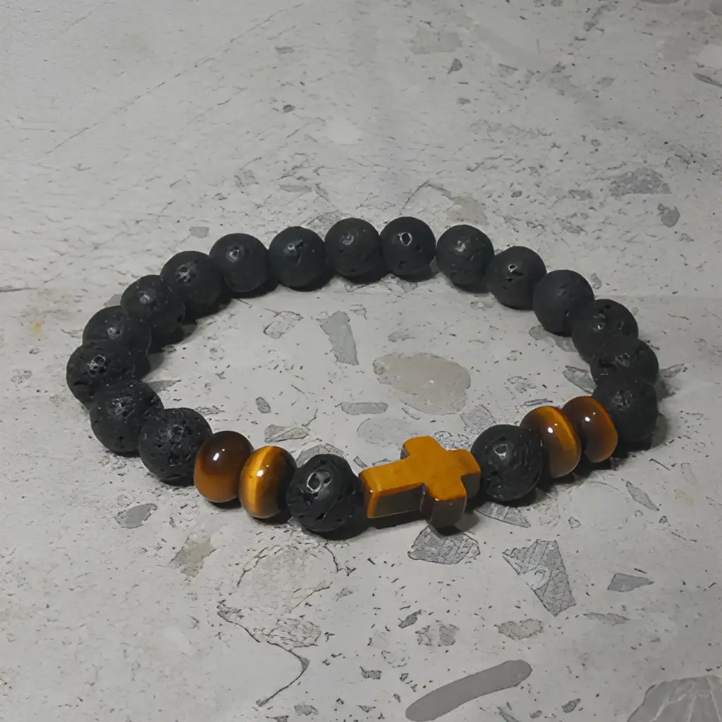 Stretch Bracelet with Natural Black Stone and Tiger Eye Cross Bead