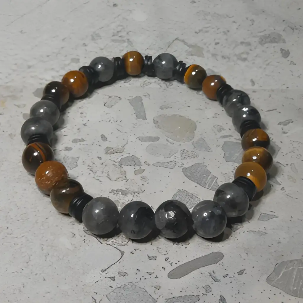 Stretch Bracelet with Natural Tiger Eye and Labarodite Beads 