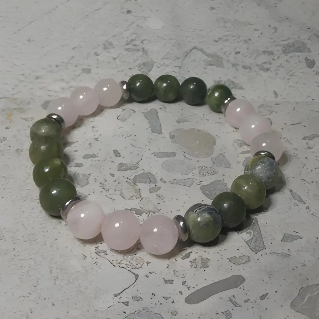 Stretch Bracelet with Natural Taiwanese Jade and Rose Quartz Beads