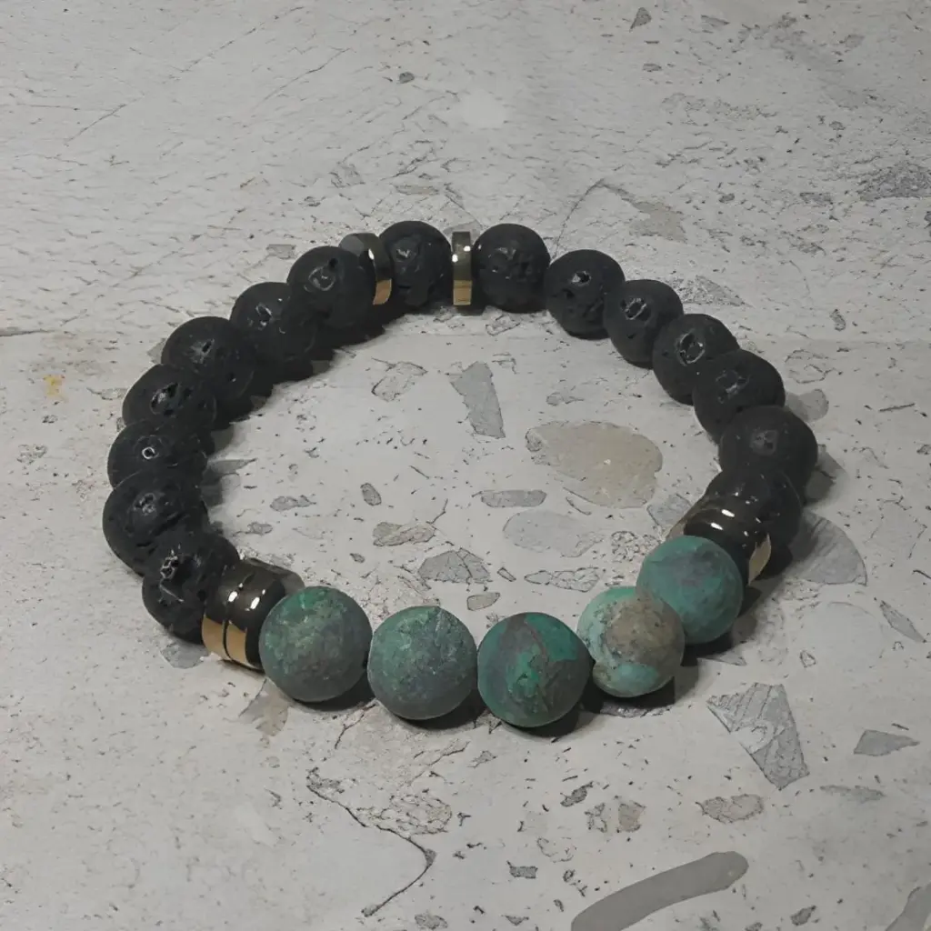[gsb190] Stretch Bracelet with Natural Lava Rock and African Turquiose