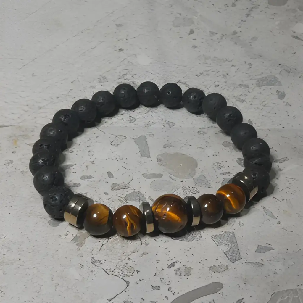 Stretch Bracelet with Natural Lava Rock and Tiger Eye Beads