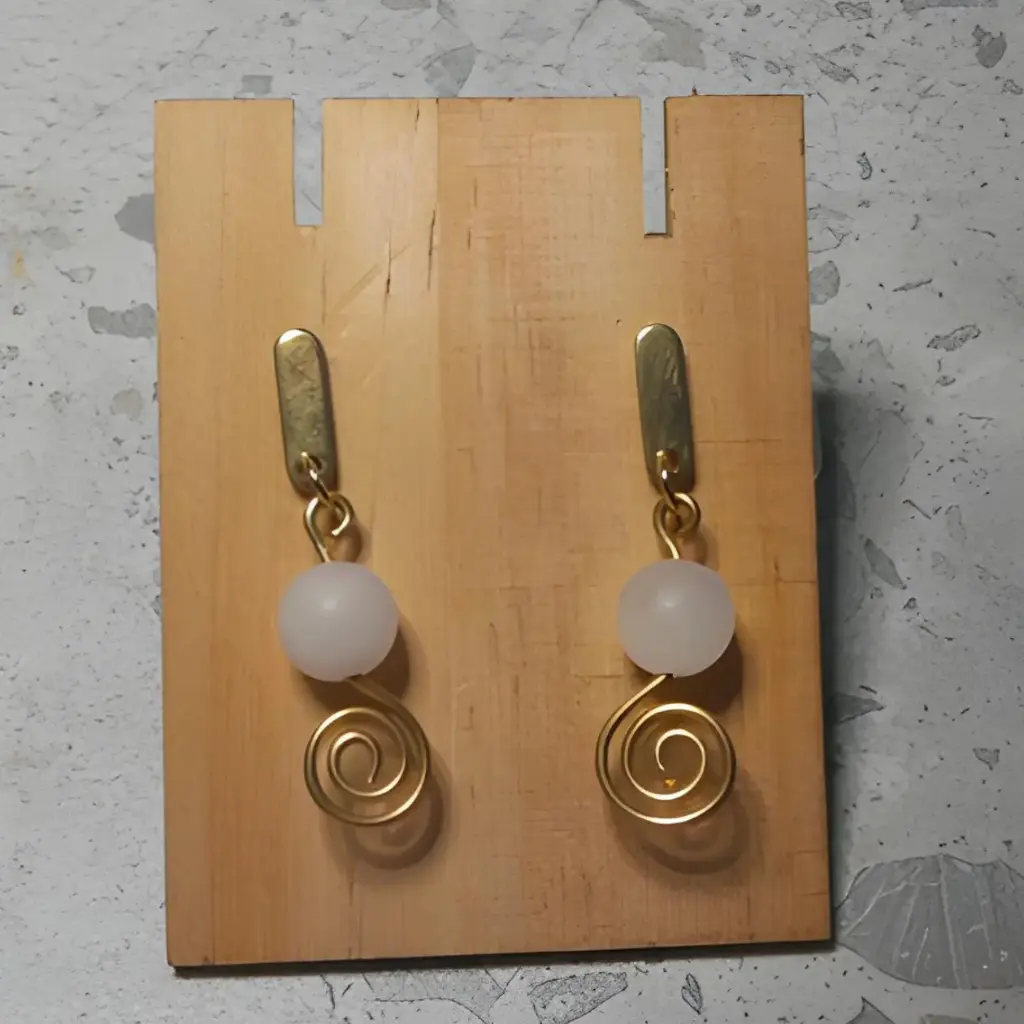Gold plated Stainless Steel stud earrings with Natural Rose Quartz stone beads and raw brass wire charm