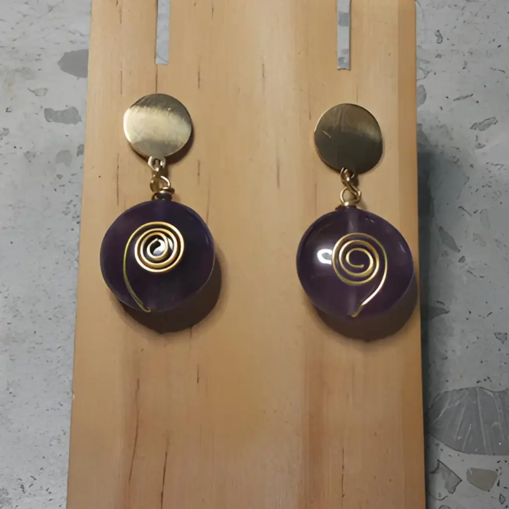 Gold Stainless Steel stud earrings with Natural Amethyst stone beads and raw brass wire