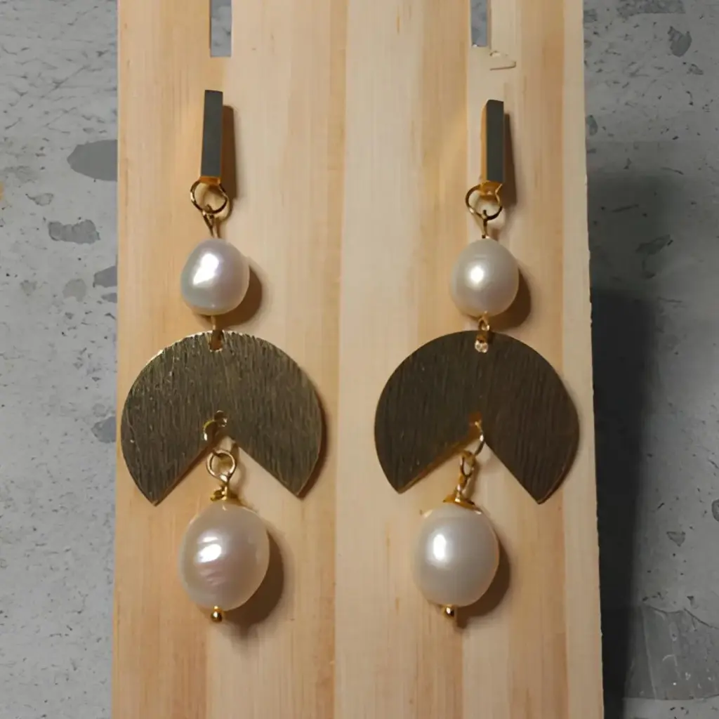 Gold Stainless Steel stud earrings with Natural Fresh water Pearl beads and raw brass charms