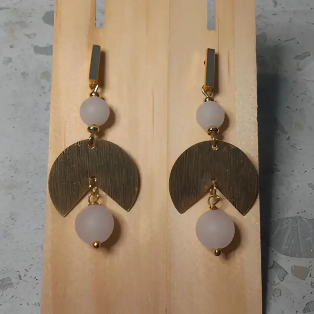 Gold Stainless Steel stud earrings with Natural Rose Quartz beads and raw brass charms