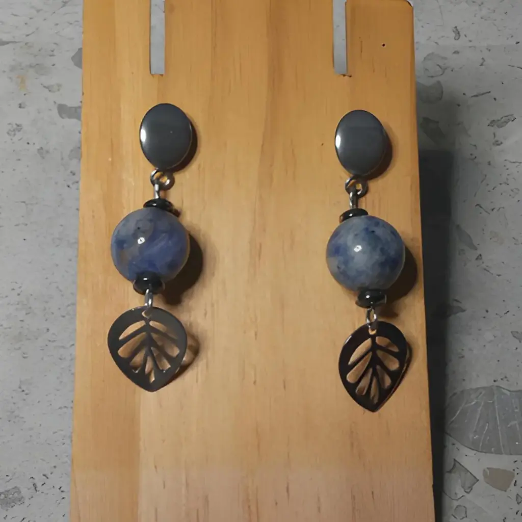 Stainless Steel stud earrings with Natural Spotted Jasper beads and leaf charms