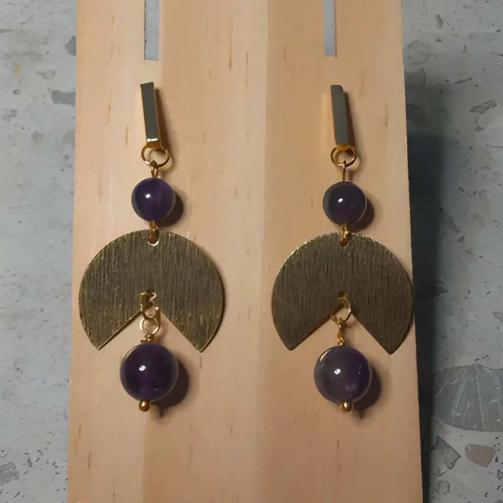 Gold Stainless Steel stud earrings with Natural Amethyst beads and raw brass charms