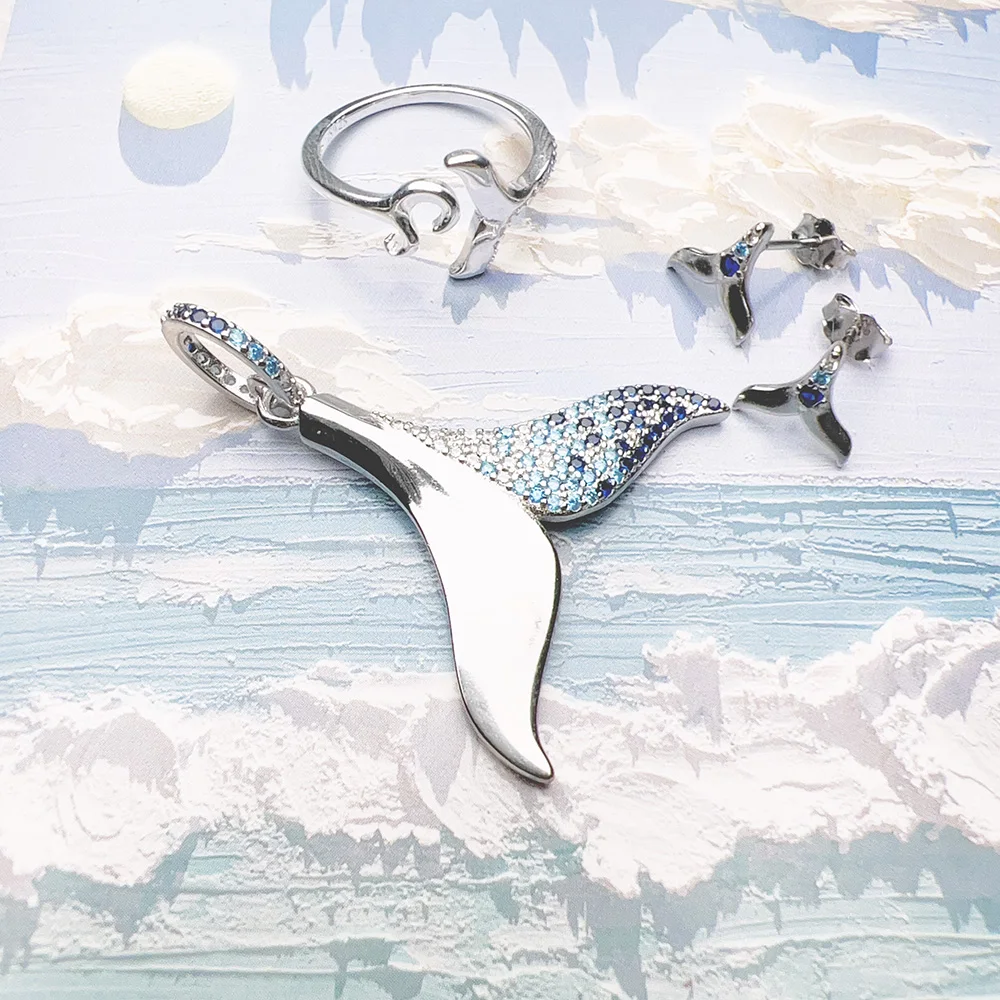 Dolphin Tail Sterling Silver Jewelry set, Pendant (Stainless steel necklace) , Studs and ring