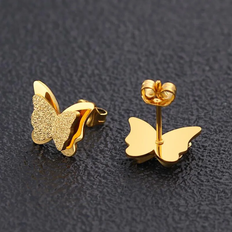 [ear73] Gold Stainless Steel Frosted Butterfly Earrings