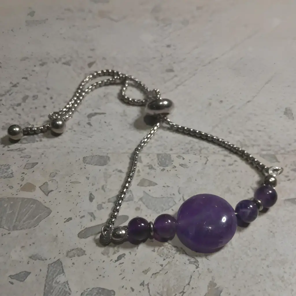 Natural Amethyst stainless steel slider bracelet